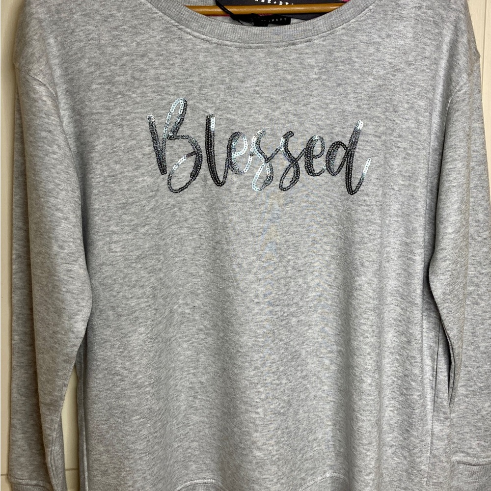 NWT BLESSED  Sweatshirt , Soft Gray sequined, Roomy Cozy, Jane and  Delancey
